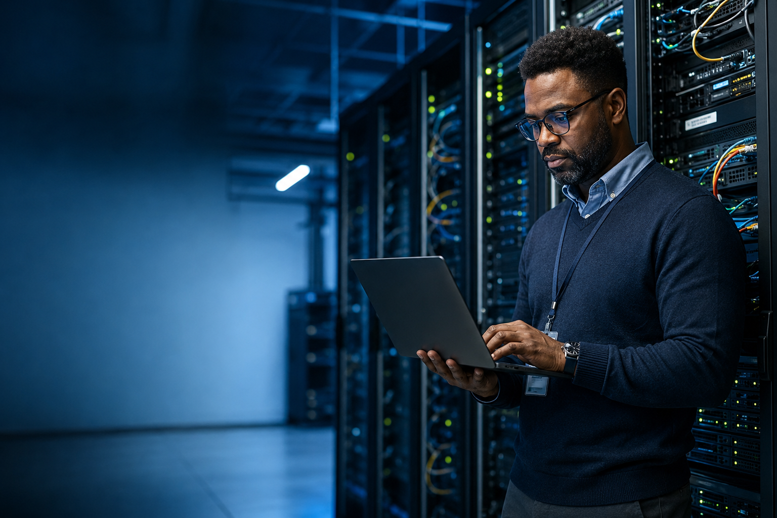 Technology professional working in a modern data centre